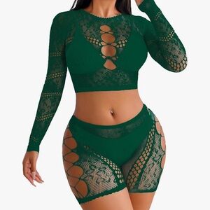 2 Piece Set Elegant Green Lace Lingerie Long Sleeve Crop Top Shorts